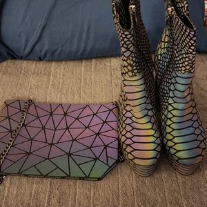 Holographic Geometric Boots and Bag Set